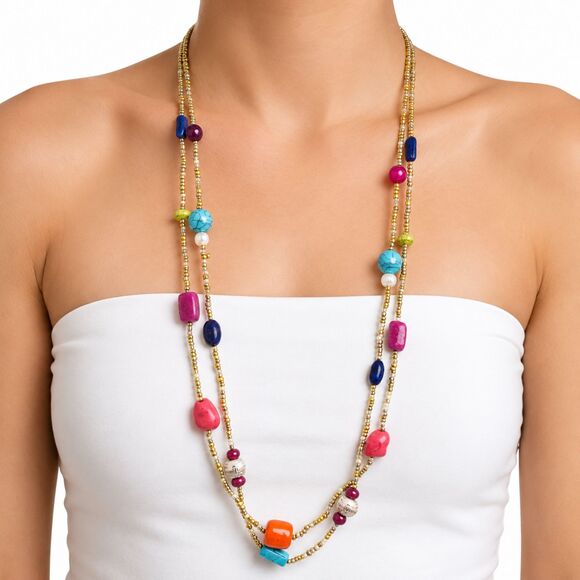 Chico's Jewelry - Chico's NWT Double Strand Colorful Colorblock Seed Bead Long 41.5" Necklace
